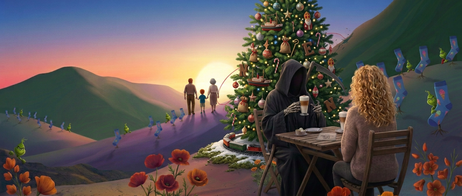 Rouw met kerst: de dood drinkt koffie naast de kerstboom, terwijl een gezin en een rij sokken de heuvel aflopen richting de zonsondergang